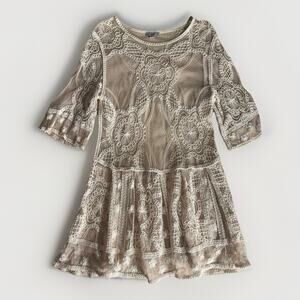 Yaira XL Beige Cream Lace Dress Tunic Top Boho Crochet Sheer 3/4 Sleeve